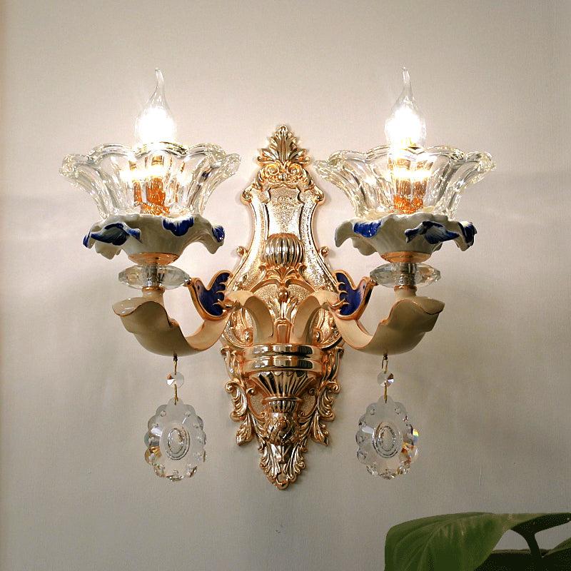 1/2-Head Wall Sconce Light Traditional Living Room Wall Mount Lamp with Flower Crystal Shade in Brass 2.0 Brass Clearhalo 'Cast Iron' 'Glass' 'Industrial' 'Modern wall lights' 'Modern' 'Tiffany' 'Traditional wall lights' 'Wall Lamps & Sconces' 'Wall Lights' Lighting' 798648