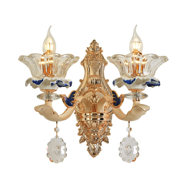 1/2-Head Wall Sconce Light Traditional Living Room Wall Mount Lamp with Flower Crystal Shade in Brass Clearhalo 'Cast Iron' 'Glass' 'Industrial' 'Modern wall lights' 'Modern' 'Tiffany' 'Traditional wall lights' 'Wall Lamps & Sconces' 'Wall Lights' Lighting' 798650
