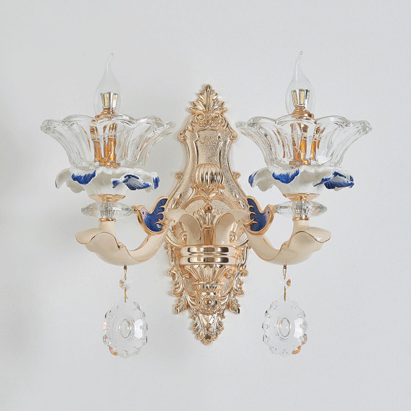 1/2-Head Wall Sconce Light Traditional Living Room Wall Mount Lamp with Flower Crystal Shade in Brass Clearhalo 'Cast Iron' 'Glass' 'Industrial' 'Modern wall lights' 'Modern' 'Tiffany' 'Traditional wall lights' 'Wall Lamps & Sconces' 'Wall Lights' Lighting' 798651