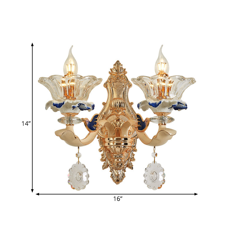 1/2-Head Wall Sconce Light Traditional Living Room Wall Mount Lamp with Flower Crystal Shade in Brass Clearhalo 'Cast Iron' 'Glass' 'Industrial' 'Modern wall lights' 'Modern' 'Tiffany' 'Traditional wall lights' 'Wall Lamps & Sconces' 'Wall Lights' Lighting' 798652