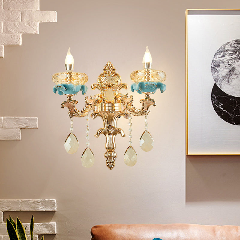 Antiqued Candlestick Wall Mount Lamp 1/2-Light K9 Crystal Sconce Light Fixture with Ceramic Accent in Gold Clearhalo 'Modern wall lights' 'Modern' 'Wall Lamps & Sconces' 'Wall Lights' Lighting' 798676