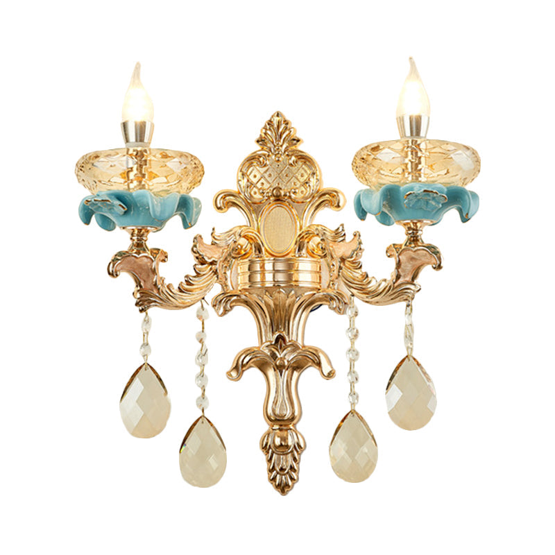 Antiqued Candlestick Wall Mount Lamp 1/2-Light K9 Crystal Sconce Light Fixture with Ceramic Accent in Gold Clearhalo 'Modern wall lights' 'Modern' 'Wall Lamps & Sconces' 'Wall Lights' Lighting' 798677