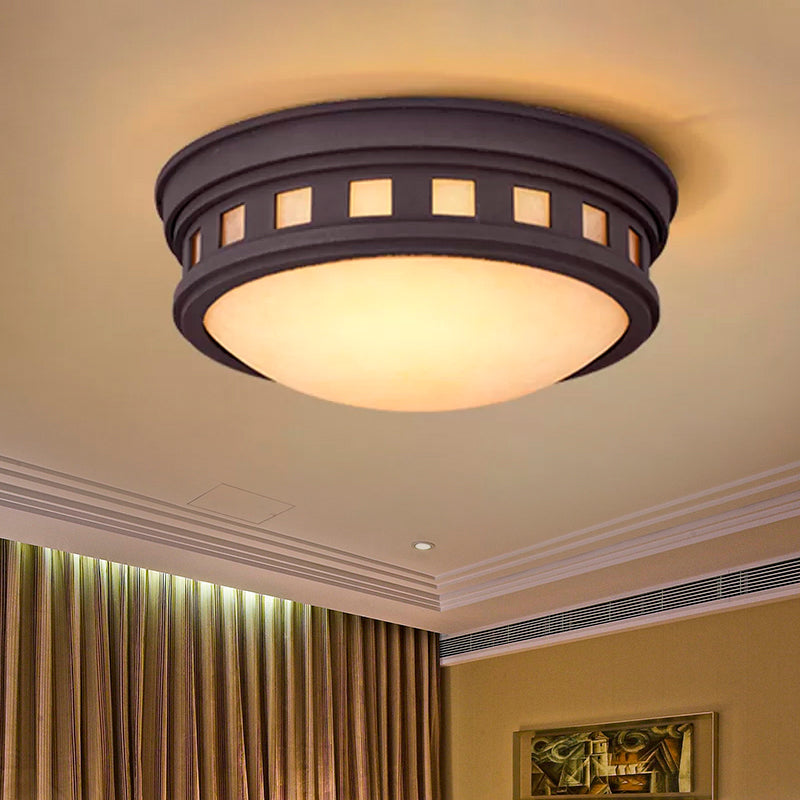 Drum Ceiling Flush Light Rustic Style Metal and Opal Glass Bronze/Gold Outdoor Flush Mount Light for Porch Clearhalo 'Ceiling Lights' 'Close To Ceiling Lights' 'Close to ceiling' 'Flush mount' Lighting' 798872