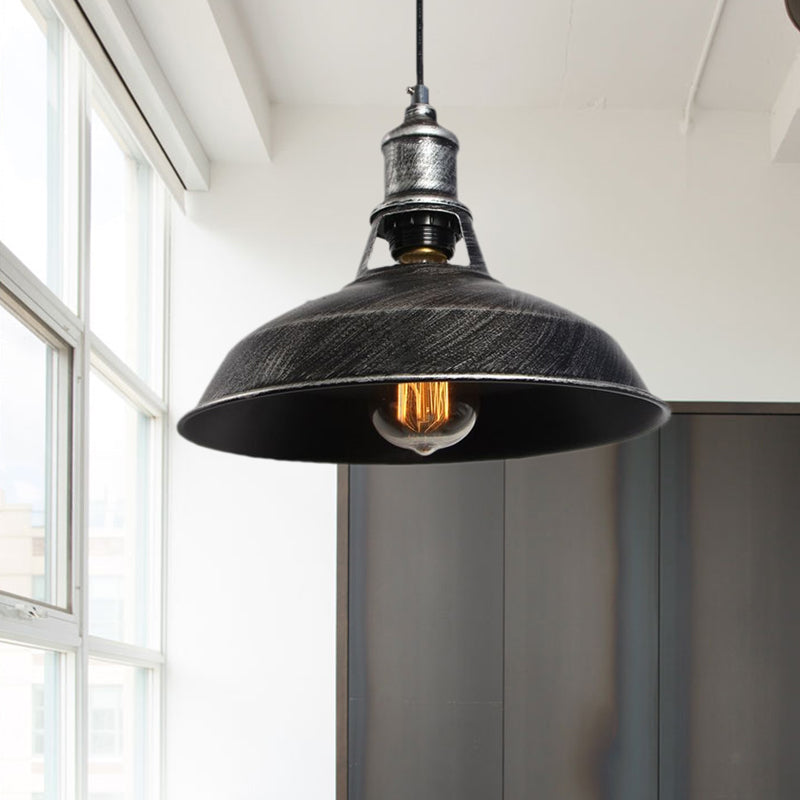 Aged Silver/Rust Barn Pendant Lighting Antique Style Wrought Iron 1 Light Dining Room Ceiling Light, 10.5"/12"/15" Diameter Clearhalo 'Art Deco Pendants' 'Cast Iron' 'Ceiling Lights' 'Ceramic' 'Crystal' 'Industrial Pendants' 'Industrial' 'Metal' 'Middle Century Pendants' 'Pendant Lights' 'Pendants' 'Tiffany' Lighting' 798912