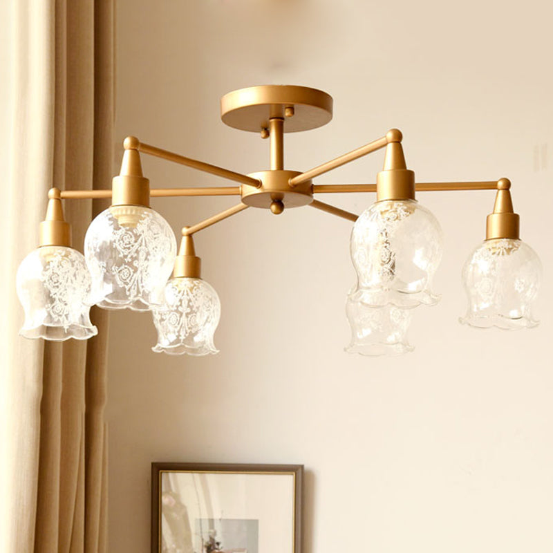 Flower Shape Living Room Semi Mount Lighting Traditional Clear Glass 6 Lights Gold Semi Flush Light Clearhalo 'Ceiling Lights' 'Close To Ceiling Lights' 'Close to ceiling' 'Glass shade' 'Glass' 'Semi-flushmount' Lighting' 799044