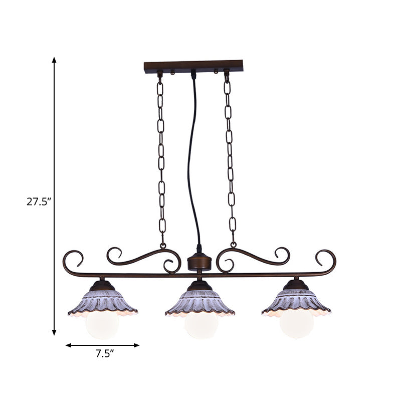 3-Light Twisting Island Pendant Lamp Korea Style Coffee Metal Hanging Light with Scalloped Bell Ceramics Shade Clearhalo 'Ceiling Lights' 'Island Lights' Lighting' 800557
