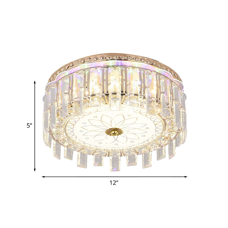 12"/19.5" W LED Crystal Block Ceiling Flush Mount Modernist Gold Drum Shade Flush Light Fixture with Petal Pattern Clearhalo 'Ceiling Lights' 'Close To Ceiling Lights' 'Close to ceiling' 'Flush mount' Lighting' 801049