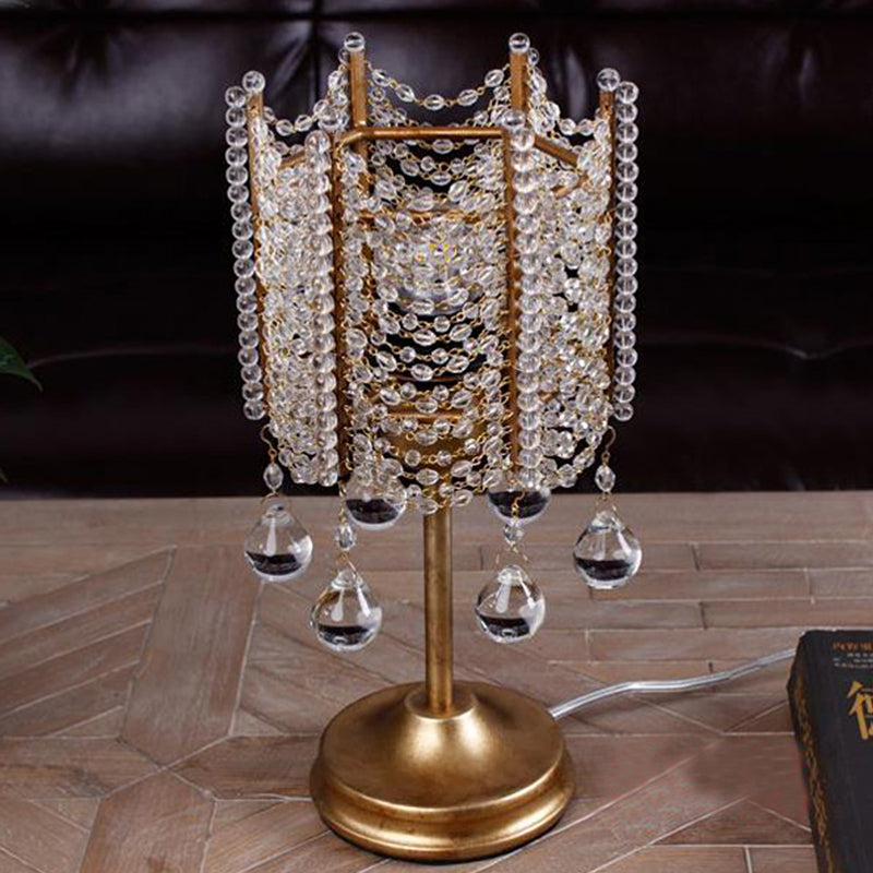 Hexagonal Crystal Strand Table Light Traditional 1 Light Bedroom Nightstand Lighting in Silver/Gold Clearhalo 'Lamps' 'Table Lamps' Lighting' 801940