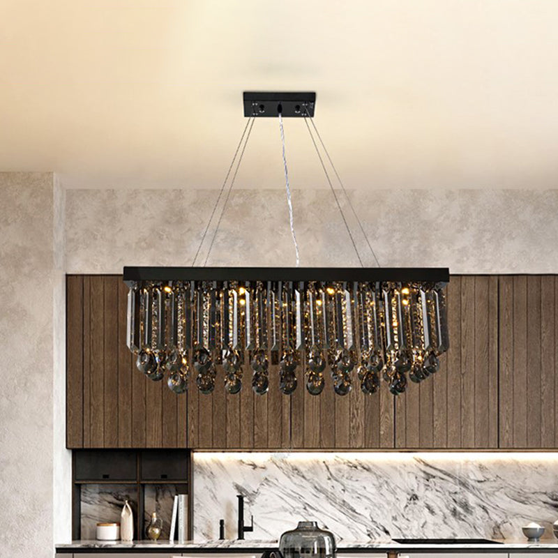 Rectangle Black Crystal Island Pendant Light Country 23.5"/31.5" L 8-Light Dining Room Hanging Lamp Kit Black Clearhalo 'Ceiling Lights' 'Island Lights' Lighting' 801984