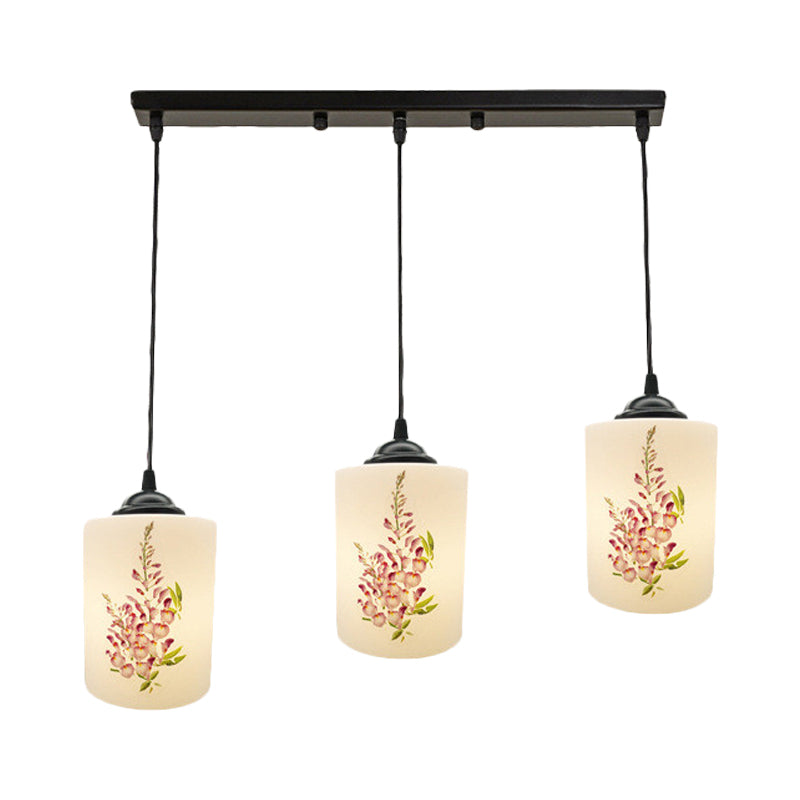 White Printing Glass Black Multi Pendant Lamp Cylinder 3-Light Dining Room Suspension Light with Round/Linear Canopy Clearhalo 'Ceiling Lights' 'Glass shade' 'Glass' 'Pendant Lights' 'Pendants' Lighting' 802045