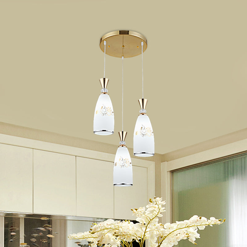 Gold/Black 3 Lights Multi Ceiling Light Modernist Opal Frosted Glass Dining Room Pendulum Lamp with Round Canopy Clearhalo 'Ceiling Lights' 'Glass shade' 'Glass' 'Pendant Lights' 'Pendants' Lighting' 802235