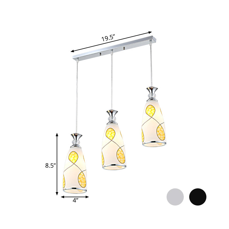 Modernist Oblong Multiple Hanging Light 3-Light Frosted Glass Drop Pendant Lamp in Black/Chrome with Round/Linear Canopy Clearhalo 'Ceiling Lights' 'Glass shade' 'Glass' 'Pendant Lights' 'Pendants' Lighting' 802249
