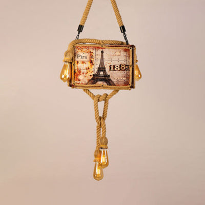 Four-bulb Chandelier Wood Luggage Vintage Pendant Light in Beige for Coffee Shop Beige B Clearhalo 'Ceiling Lights' 'Chandeliers' Lighting' options 80633_ee0aab0f-3a86-4a7f-8a46-7b8a7b83b75c