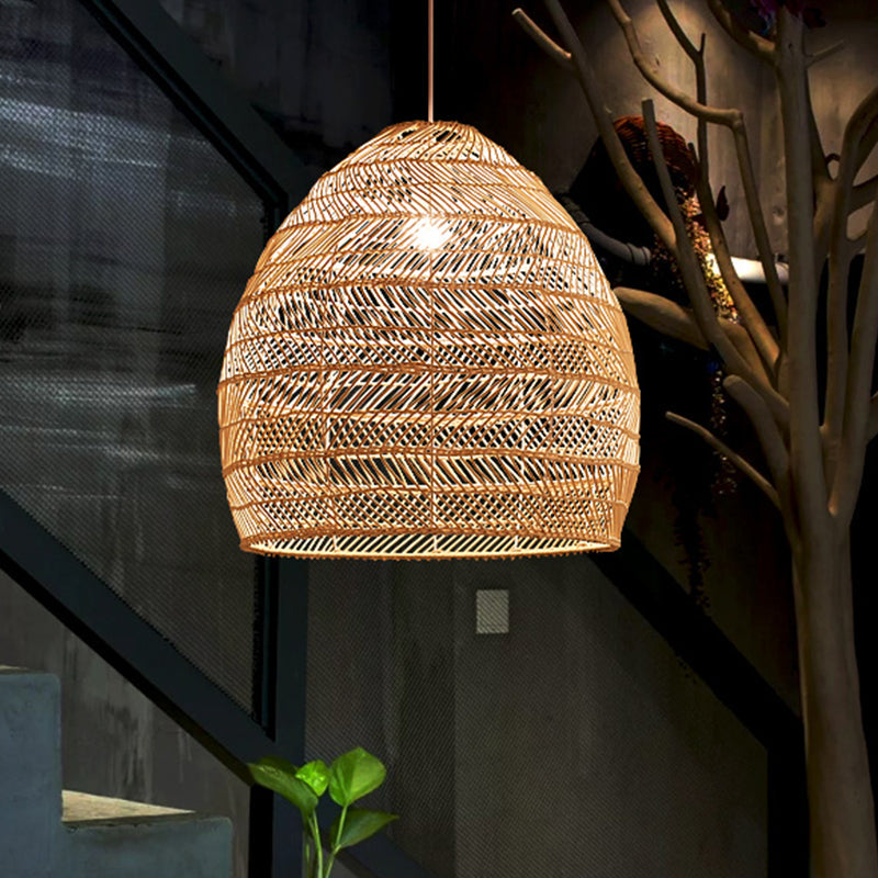 Bamboo Cloche Hanging Light Kit Tropical 1 Head 14"/18" Wide Beige Pendant Lighting Fixture Clearhalo 'Ceiling Lights' 'Pendant Lights' 'Pendants' Lighting' 808192