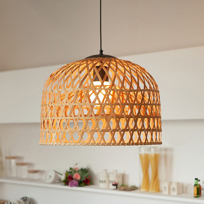 Asia 2-Layer Bowl Pendant Lighting Cross Woven Bamboo 1-Light Kitchen Ceiling Lamp in Beige Clearhalo 'Ceiling Lights' 'Pendant Lights' 'Pendants' Lighting' 808213