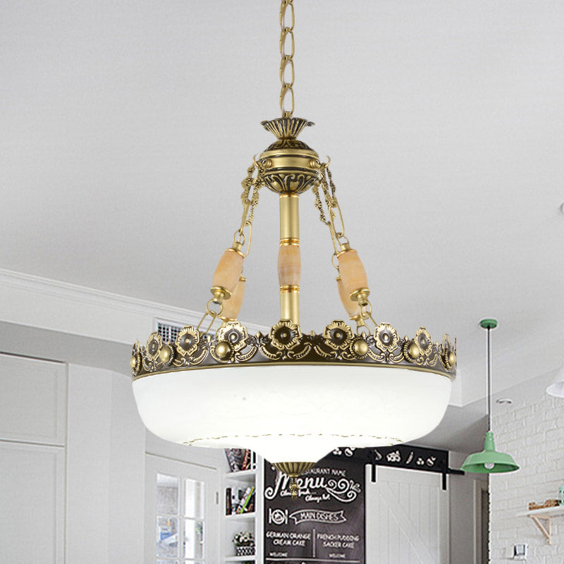 Beige/Bronze 3 Bulbs Chandelier Traditional White Glass Inverted Pendant Light with Carved Edge, 12"/16" W Bronze Clearhalo 'Ceiling Lights' 'Chandeliers' 'Glass shade' 'Glass' Lighting' 808564