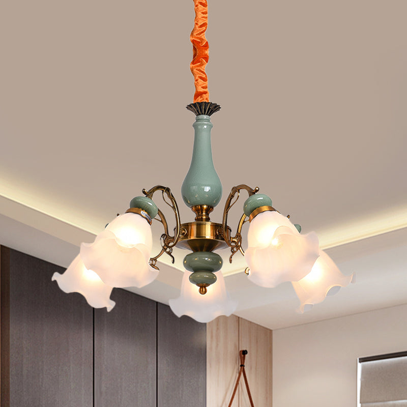 Flower Opal Glass Ceiling Chandelier Traditional 3/5 Heads Living Room Pendulum Light in Light Blue/Pewter 5 Pewter Clearhalo 'Ceiling Lights' 'Chandeliers' Lighting' options 808617_76ae7d87-ff9e-4760-8b61-cf85b28ee12b