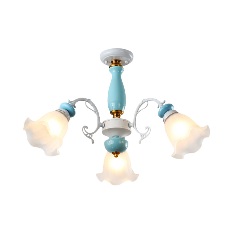 Floral White Glass Semi-Flush Ceiling Light Traditional 3/5 Lights Bedroom Flush Mount Lamp in Light Blue Clearhalo 'Ceiling Lights' 'Close To Ceiling Lights' 'Close to ceiling' 'Glass shade' 'Glass' 'Semi-flushmount' Lighting' 808666