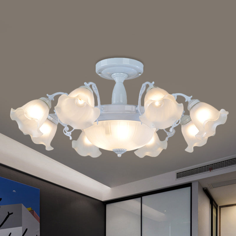11-Head Opal Glass Semi Flush Lighting Farmhouse White/Black Finish Floral Living Room Ceiling Flush White Clearhalo 'Ceiling Lights' 'Close To Ceiling Lights' 'Close to ceiling' 'Glass shade' 'Glass' 'Semi-flushmount' Lighting' 808705
