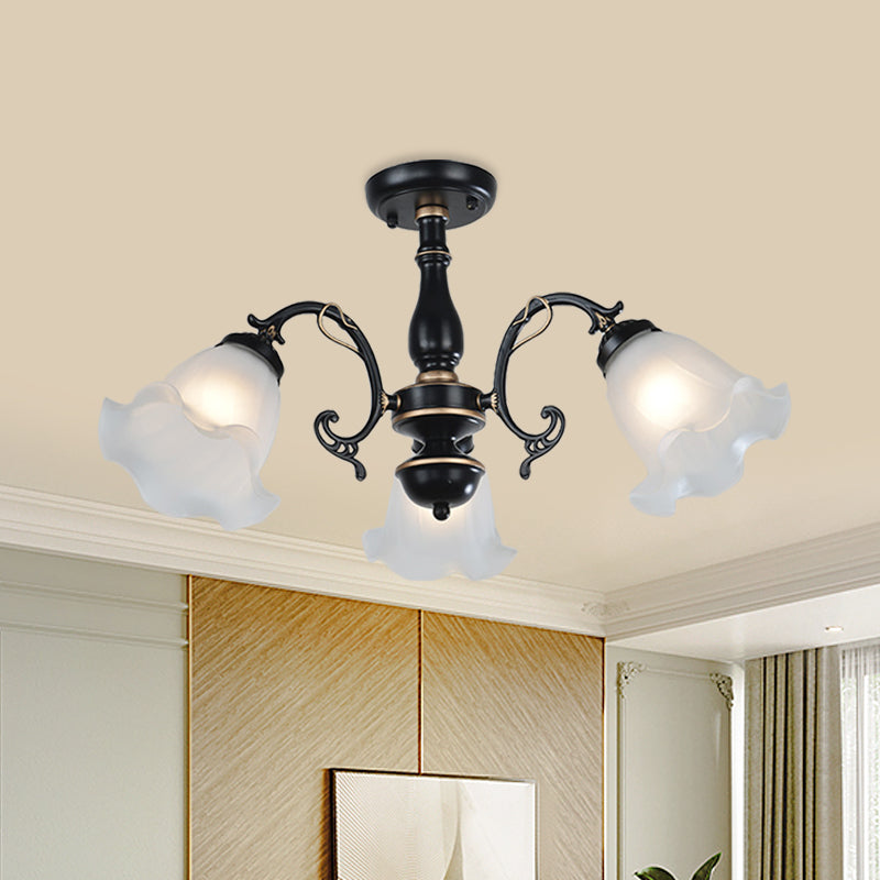 3/5-Light Flower Semi-Flush Ceiling Light Countryside White/Black Finish Cream Glass Flush Mounted Lamp 3 Black Clearhalo 'Ceiling Lights' 'Close To Ceiling Lights' 'Close to ceiling' 'Glass shade' 'Glass' 'Semi-flushmount' Lighting' 808709