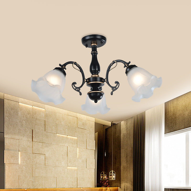 3/5-Light Flower Semi-Flush Ceiling Light Countryside White/Black Finish Cream Glass Flush Mounted Lamp Clearhalo 'Ceiling Lights' 'Close To Ceiling Lights' 'Close to ceiling' 'Glass shade' 'Glass' 'Semi-flushmount' Lighting' 808710