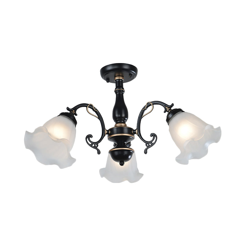 3/5-Light Flower Semi-Flush Ceiling Light Countryside White/Black Finish Cream Glass Flush Mounted Lamp Clearhalo 'Ceiling Lights' 'Close To Ceiling Lights' 'Close to ceiling' 'Glass shade' 'Glass' 'Semi-flushmount' Lighting' 808711