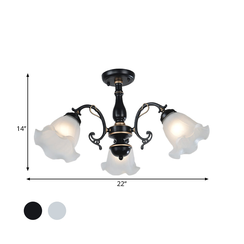 3/5-Light Flower Semi-Flush Ceiling Light Countryside White/Black Finish Cream Glass Flush Mounted Lamp Clearhalo 'Ceiling Lights' 'Close To Ceiling Lights' 'Close to ceiling' 'Glass shade' 'Glass' 'Semi-flushmount' Lighting' 808712