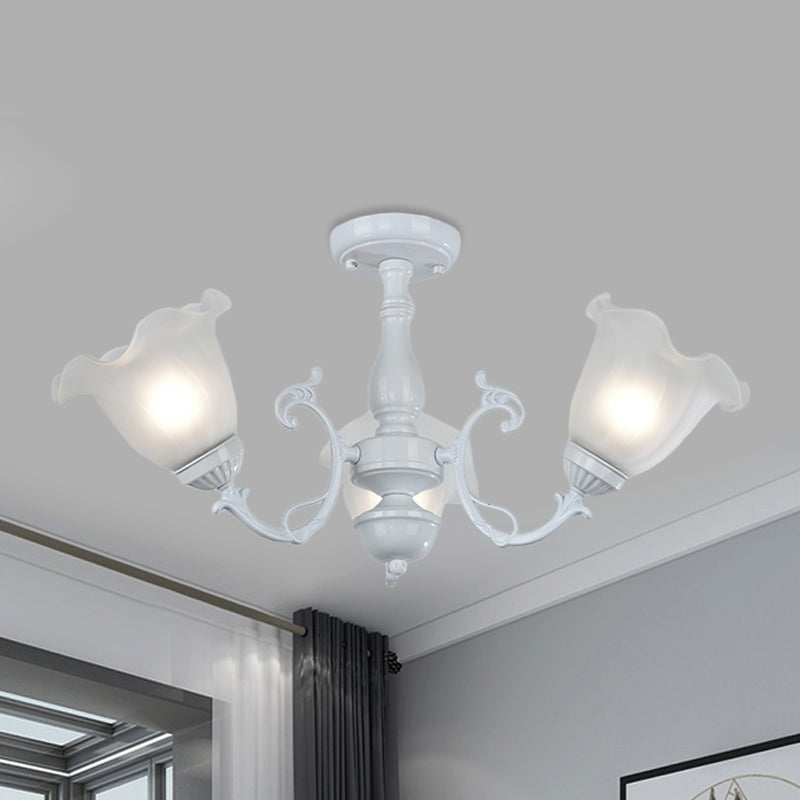 3/5-Light Flower Semi-Flush Ceiling Light Countryside White/Black Finish Cream Glass Flush Mounted Lamp 3 White Clearhalo 'Ceiling Lights' 'Close To Ceiling Lights' 'Close to ceiling' 'Glass shade' 'Glass' 'Semi-flushmount' Lighting' 808713