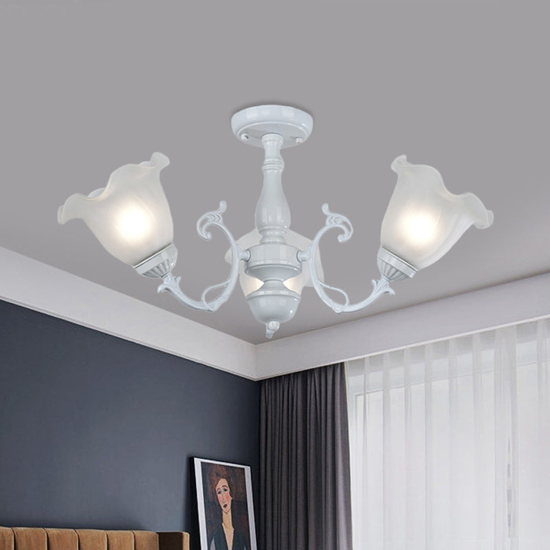 3/5-Light Flower Semi-Flush Ceiling Light Countryside White/Black Finish Cream Glass Flush Mounted Lamp Clearhalo 'Ceiling Lights' 'Close To Ceiling Lights' 'Close to ceiling' 'Glass shade' 'Glass' 'Semi-flushmount' Lighting' 808714