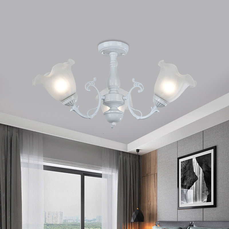3/5-Light Flower Semi-Flush Ceiling Light Countryside White/Black Finish Cream Glass Flush Mounted Lamp Clearhalo 'Ceiling Lights' 'Close To Ceiling Lights' 'Close to ceiling' 'Glass shade' 'Glass' 'Semi-flushmount' Lighting' 808715