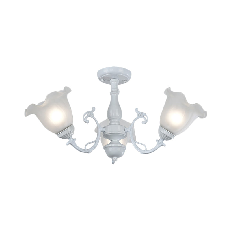 3/5-Light Flower Semi-Flush Ceiling Light Countryside White/Black Finish Cream Glass Flush Mounted Lamp Clearhalo 'Ceiling Lights' 'Close To Ceiling Lights' 'Close to ceiling' 'Glass shade' 'Glass' 'Semi-flushmount' Lighting' 808716