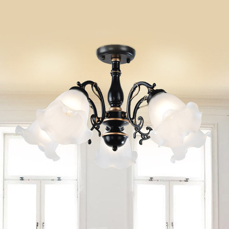 3/5-Light Flower Semi-Flush Ceiling Light Countryside White/Black Finish Cream Glass Flush Mounted Lamp 5 Black Clearhalo 'Ceiling Lights' 'Close To Ceiling Lights' 'Close to ceiling' 'Glass shade' 'Glass' 'Semi-flushmount' Lighting' 808717