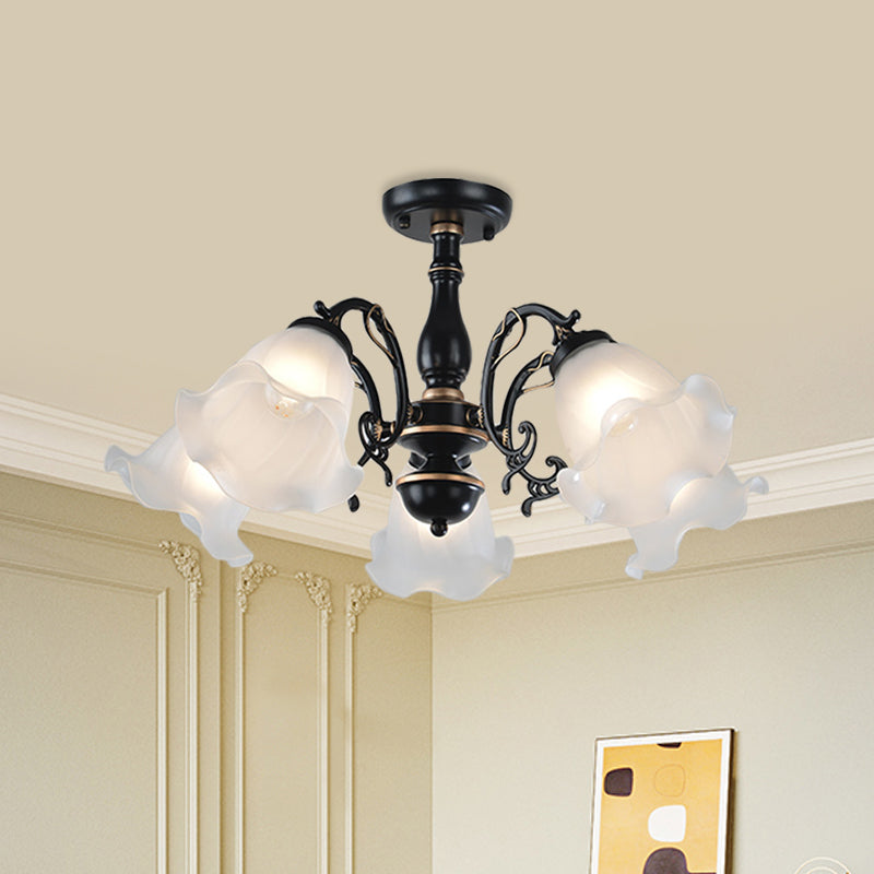 3/5-Light Flower Semi-Flush Ceiling Light Countryside White/Black Finish Cream Glass Flush Mounted Lamp Clearhalo 'Ceiling Lights' 'Close To Ceiling Lights' 'Close to ceiling' 'Glass shade' 'Glass' 'Semi-flushmount' Lighting' 808718