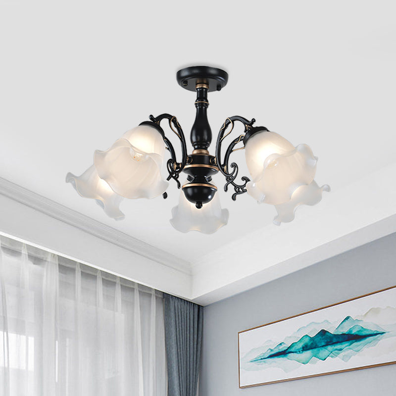 3/5-Light Flower Semi-Flush Ceiling Light Countryside White/Black Finish Cream Glass Flush Mounted Lamp Clearhalo 'Ceiling Lights' 'Close To Ceiling Lights' 'Close to ceiling' 'Glass shade' 'Glass' 'Semi-flushmount' Lighting' 808719