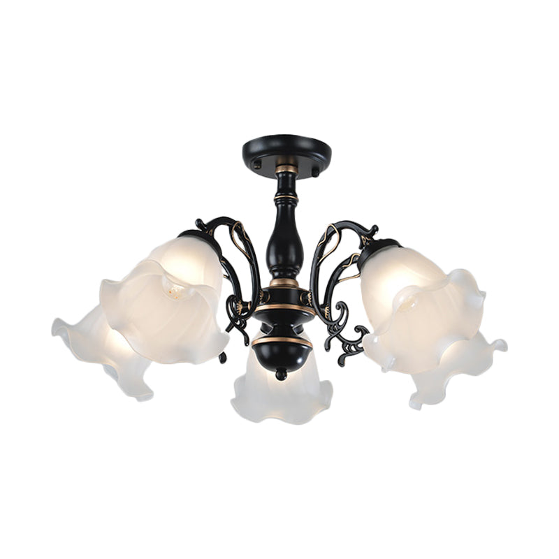 3/5-Light Flower Semi-Flush Ceiling Light Countryside White/Black Finish Cream Glass Flush Mounted Lamp Clearhalo 'Ceiling Lights' 'Close To Ceiling Lights' 'Close to ceiling' 'Glass shade' 'Glass' 'Semi-flushmount' Lighting' 808720