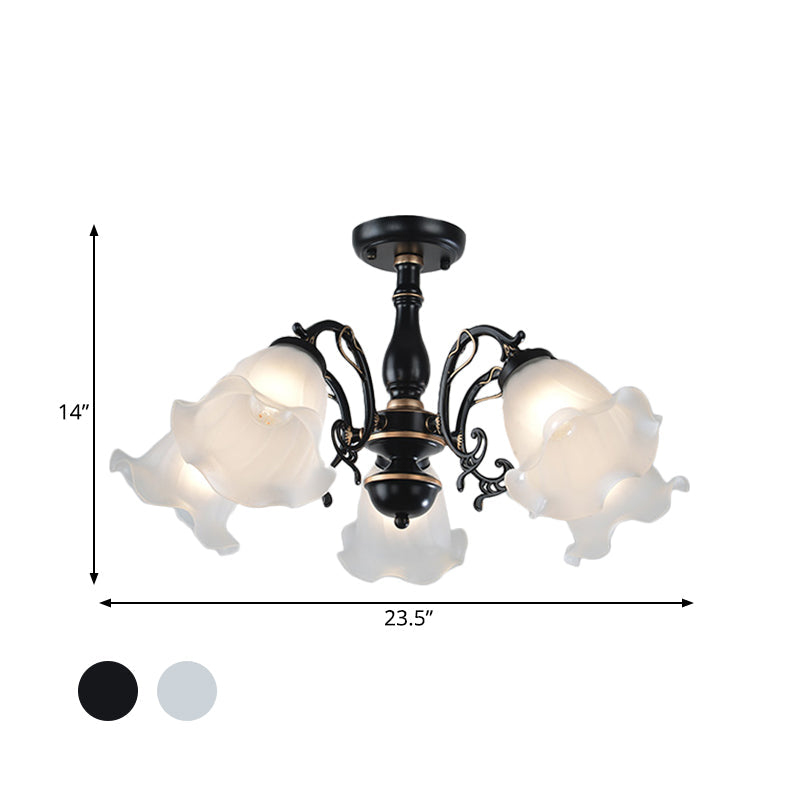 3/5-Light Flower Semi-Flush Ceiling Light Countryside White/Black Finish Cream Glass Flush Mounted Lamp Clearhalo 'Ceiling Lights' 'Close To Ceiling Lights' 'Close to ceiling' 'Glass shade' 'Glass' 'Semi-flushmount' Lighting' 808721