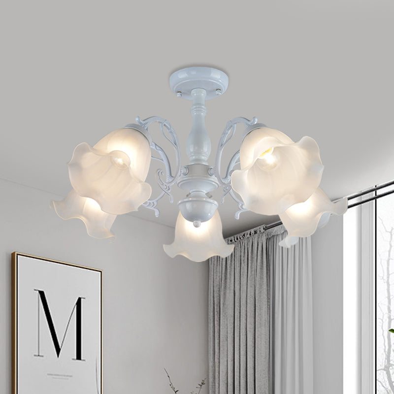 3/5-Light Flower Semi-Flush Ceiling Light Countryside White/Black Finish Cream Glass Flush Mounted Lamp Clearhalo 'Ceiling Lights' 'Close To Ceiling Lights' 'Close to ceiling' 'Glass shade' 'Glass' 'Semi-flushmount' Lighting' 808723