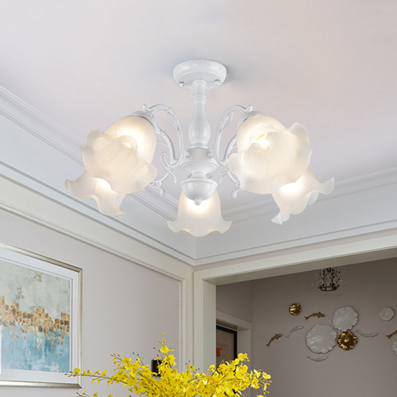 3/5-Light Flower Semi-Flush Ceiling Light Countryside White/Black Finish Cream Glass Flush Mounted Lamp Clearhalo 'Ceiling Lights' 'Close To Ceiling Lights' 'Close to ceiling' 'Glass shade' 'Glass' 'Semi-flushmount' Lighting' 808724
