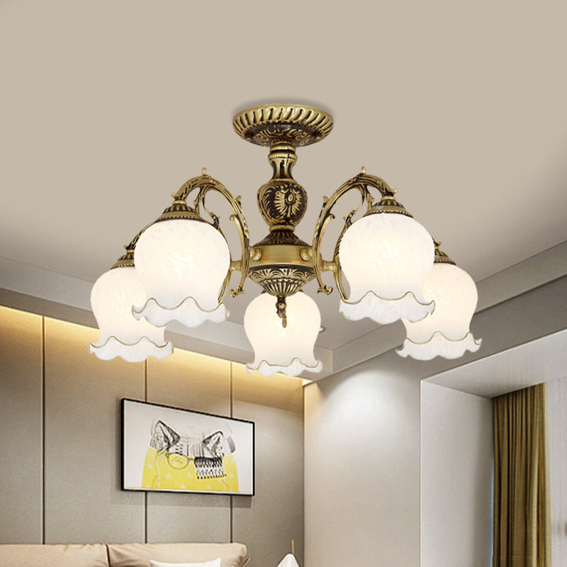Frosted White Glass Bronze Semi Flush Lamp Flower 3/5/6-Bulb Antiqued Flush Ceiling Lighting Clearhalo 'Ceiling Lights' 'Close To Ceiling Lights' 'Close to ceiling' 'Glass shade' 'Glass' 'Semi-flushmount' Lighting' 808731