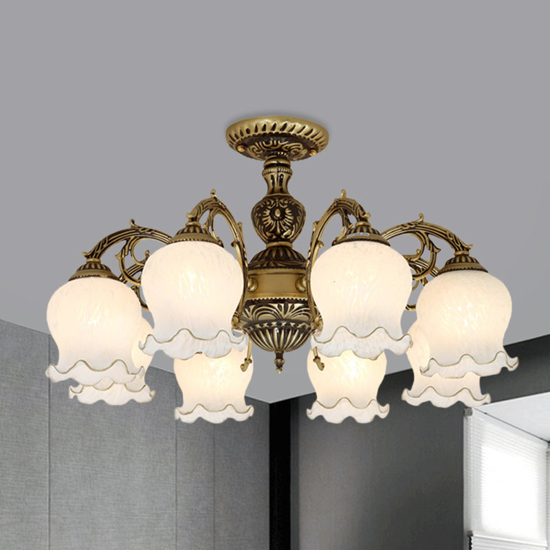 Frosted White Glass Bronze Semi Flush Lamp Flower 3/5/6-Bulb Antiqued Flush Ceiling Lighting 8 Bronze Clearhalo 'Ceiling Lights' 'Close To Ceiling Lights' 'Close to ceiling' 'Glass shade' 'Glass' 'Semi-flushmount' Lighting' 808740