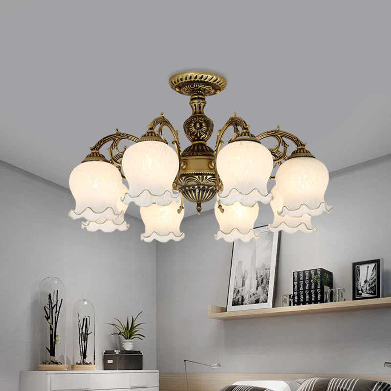 Frosted White Glass Bronze Semi Flush Lamp Flower 3/5/6-Bulb Antiqued Flush Ceiling Lighting Clearhalo 'Ceiling Lights' 'Close To Ceiling Lights' 'Close to ceiling' 'Glass shade' 'Glass' 'Semi-flushmount' Lighting' 808742