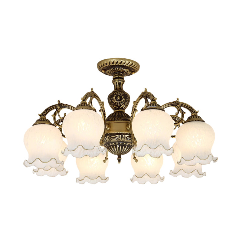Frosted White Glass Bronze Semi Flush Lamp Flower 3/5/6-Bulb Antiqued Flush Ceiling Lighting Clearhalo 'Ceiling Lights' 'Close To Ceiling Lights' 'Close to ceiling' 'Glass shade' 'Glass' 'Semi-flushmount' Lighting' 808743