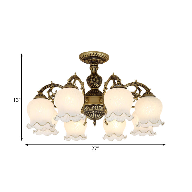Frosted White Glass Bronze Semi Flush Lamp Flower 3/5/6-Bulb Antiqued Flush Ceiling Lighting Clearhalo 'Ceiling Lights' 'Close To Ceiling Lights' 'Close to ceiling' 'Glass shade' 'Glass' 'Semi-flushmount' Lighting' 808744