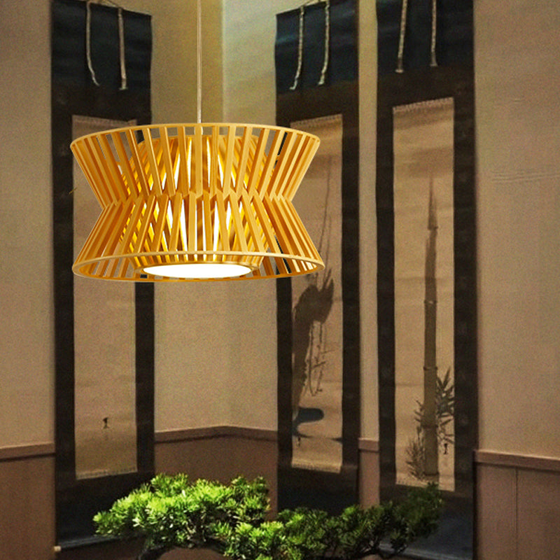 Curvaceous Wood Pendant Light Asian 1-Light 16"/19.5" Wide Beige Suspended Lighting Fixture Clearhalo 'Ceiling Lights' 'Pendant Lights' 'Pendants' Lighting' 809210