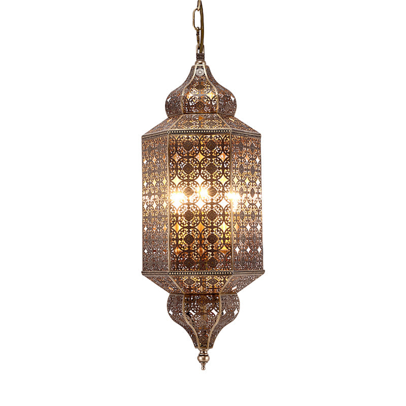 Arab Hexagonal Chandelier Light 3-Bulb Metal Hanging Pendant in Brass with Hollow-Out Design Clearhalo 'Ceiling Lights' 'Chandeliers' Lighting' options 809462
