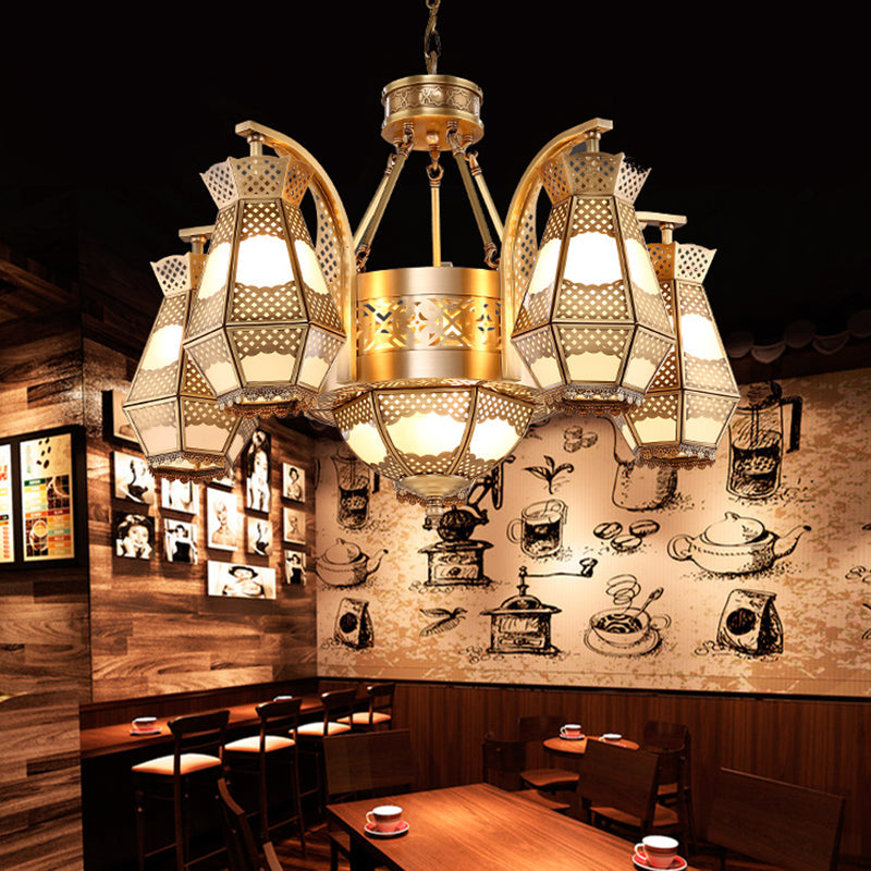 8 Heads Diamond Pendant Chandelier Arab Style Brass Opal Glass Hanging Light Fixture with Curved Arm Clearhalo 'Ceiling Lights' 'Chandeliers' Lighting' options 809515