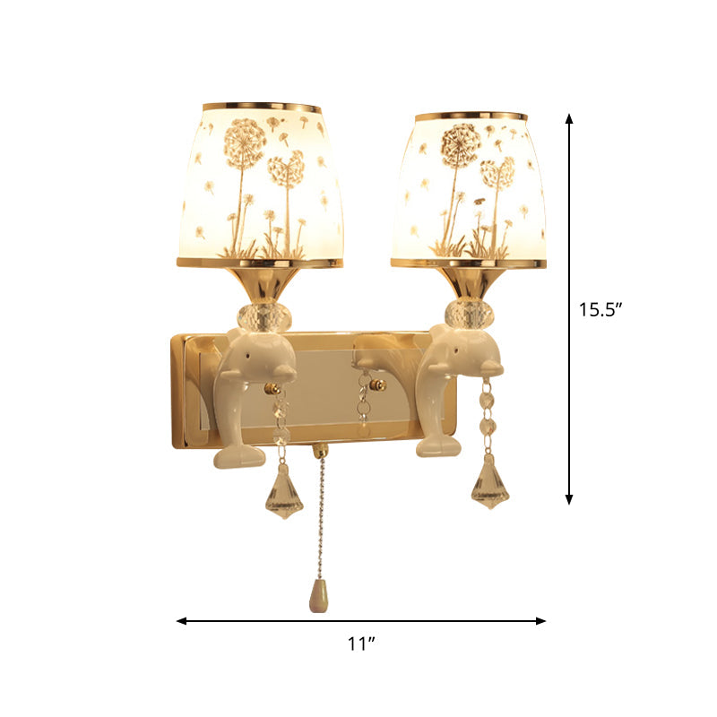 Dolphin Base Bedside Wall Mount Light Metal 1/2 Lights Kids Sconce Light Fixture in White with Pull Chain Clearhalo 'Wall Lamps & Sconces' 'Wall Lights' Lighting' 809854