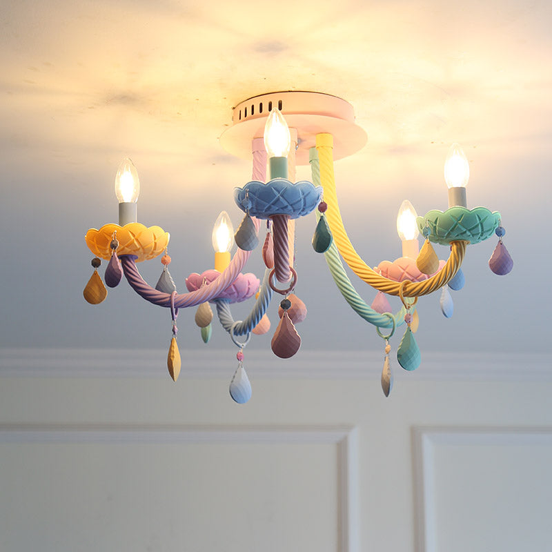 Candelabra Bedroom Semi-Flush Mount Metal 5/6 Lights Macaron Close to Ceiling Fixtures in Blue-Pink-Yellow Clearhalo 'Ceiling Lights' 'Close To Ceiling Lights' 'Close to ceiling' 'Glass shade' 'Glass' 'Semi-flushmount' Lighting' 809972