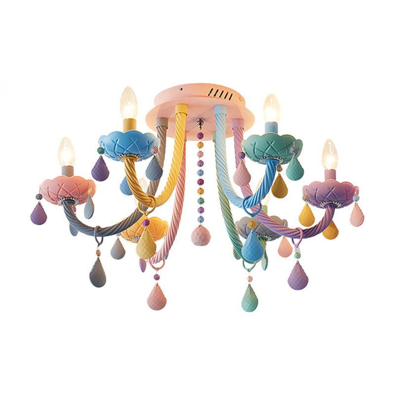 Candelabra Bedroom Semi-Flush Mount Metal 5/6 Lights Macaron Close to Ceiling Fixtures in Blue-Pink-Yellow Clearhalo 'Ceiling Lights' 'Close To Ceiling Lights' 'Close to ceiling' 'Glass shade' 'Glass' 'Semi-flushmount' Lighting' 809978
