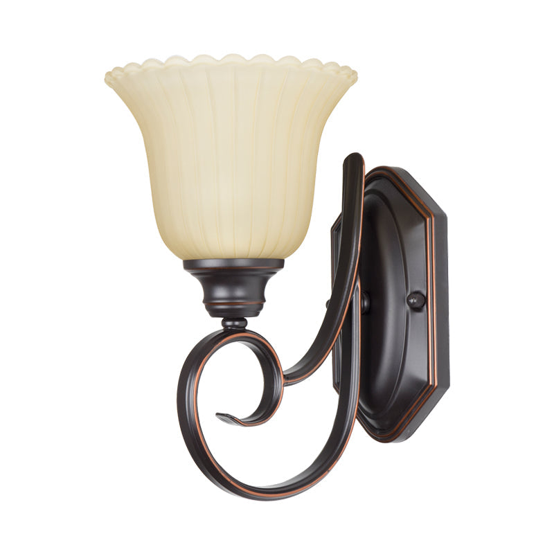 1 Head Wall Lighting Antiqued Corner Wall Mount Lamp with Flower White Glass Shade in Black Clearhalo 'Wall Lamps & Sconces' 'Wall Lights' Lighting' 810089